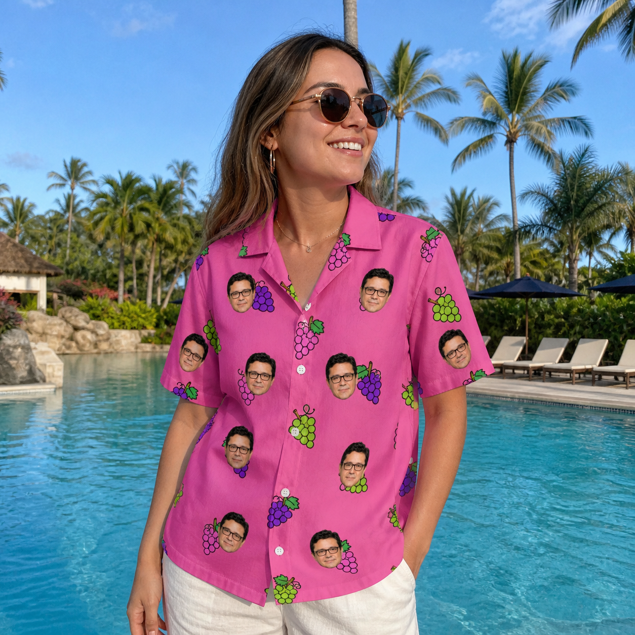 Real-life photo of someone wearing Women's Grape Escape Custom Face Hawaiian Shirt — custom faces printed all-over