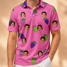 Model wearing Men's Grape Escape Custom Face Polo Shirt printed with kids' faces