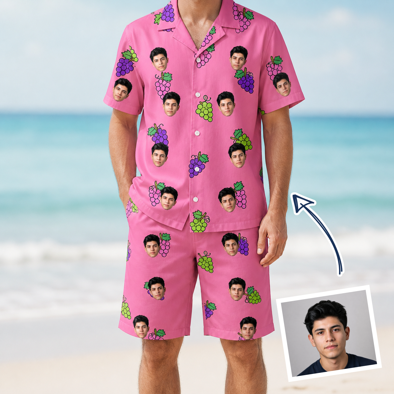 Man wearing Men's Grape Escape Custom Face Shirt & Shorts Set — custom faces printed all-over