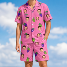 Model wearing Men's Grape Escape Custom Face Shirt & Shorts Set printed with kids' faces