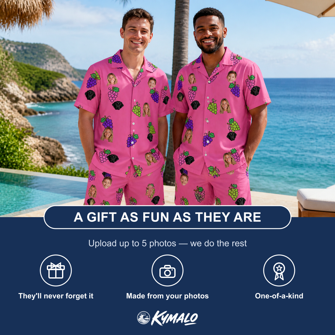 Friends in matching Men's Grape Escape Custom Face Shirt & Shorts Set — a group gift photo