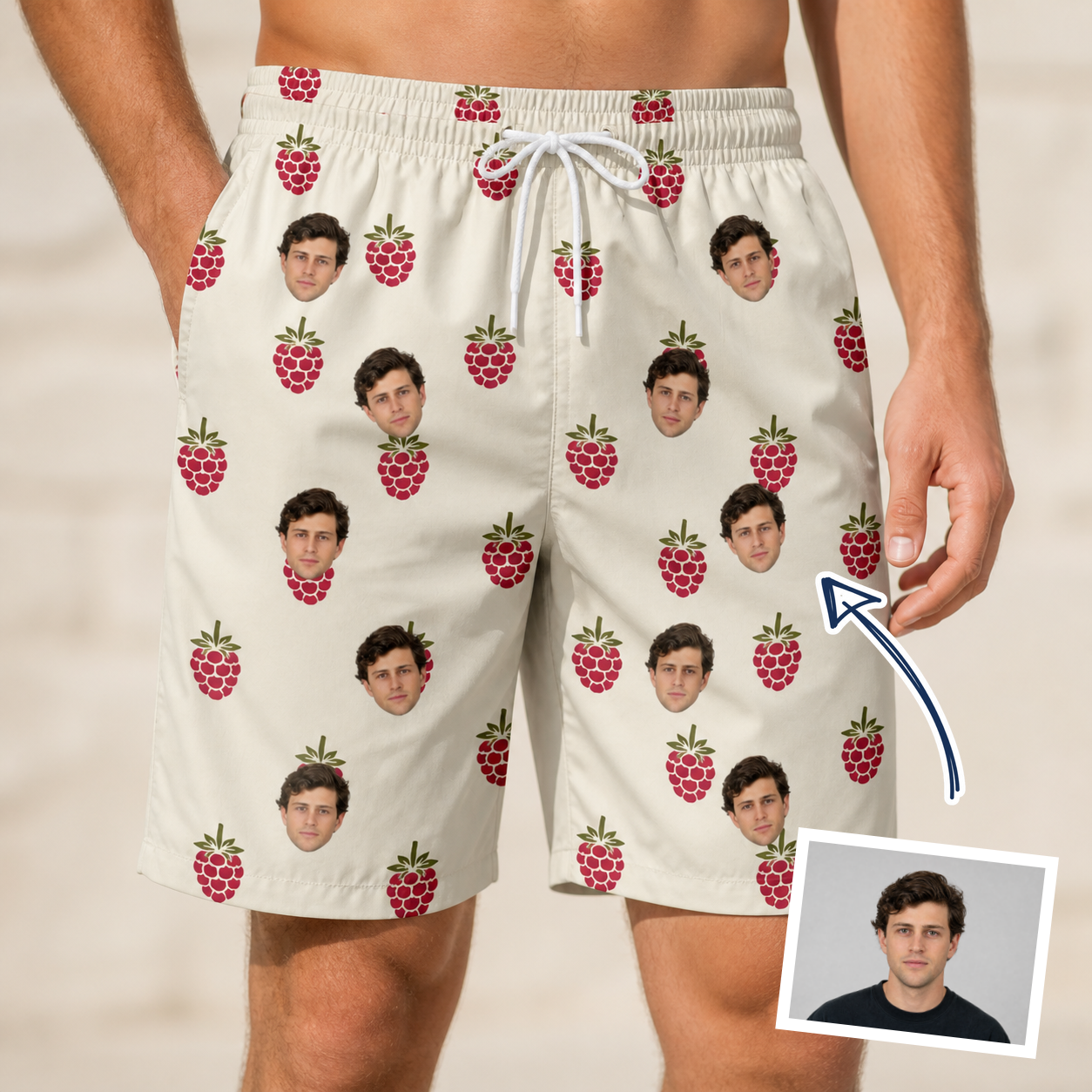 Man wearing Men's Raspberry Rhapsody Custom Face Beach Shorts — custom faces printed all-over