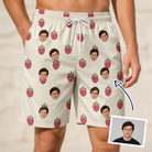 Man wearing Men's Raspberry Rhapsody Custom Face Beach Shorts — custom faces printed all-over