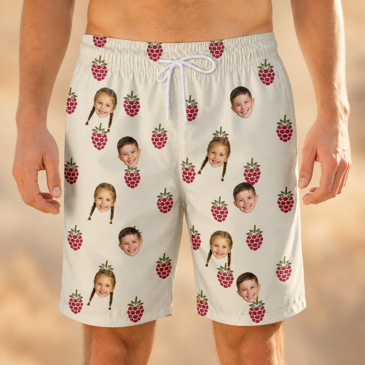 Model wearing Men's Raspberry Rhapsody Custom Face Beach Shorts printed with kids' faces
