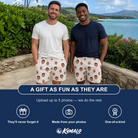 Friends in matching Men's Raspberry Rhapsody Custom Face Beach Shorts — a group gift photo