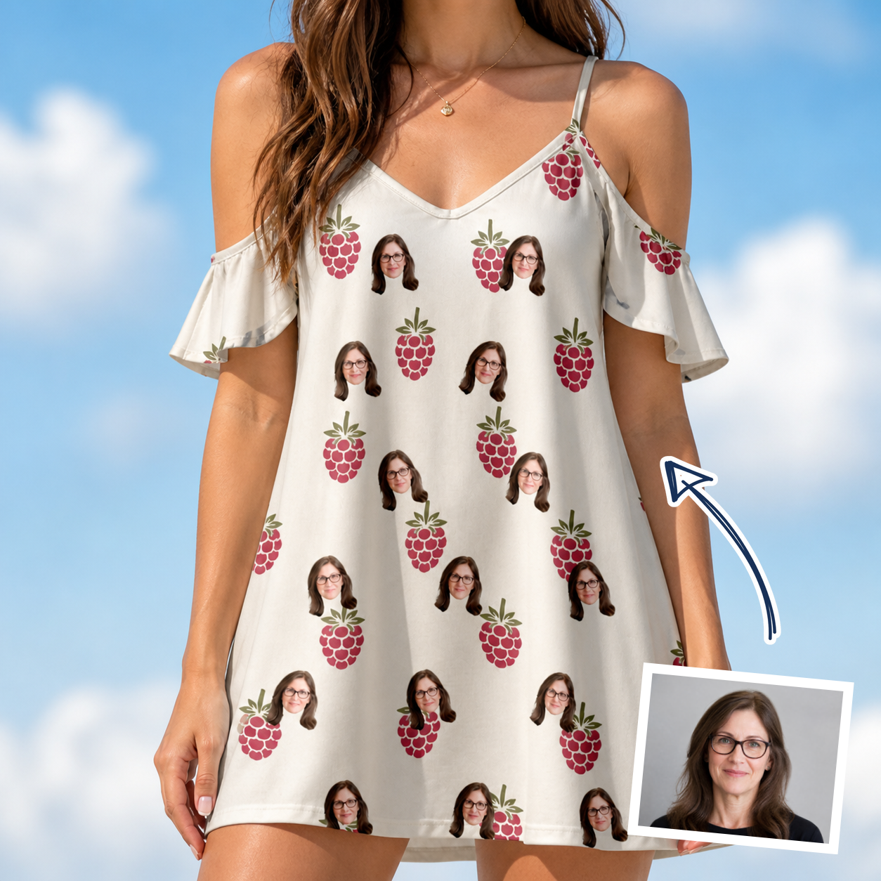 Woman wearing Women's Raspberry Rhapsody Custom Face Off-Shoulder Dress — custom faces printed all-over