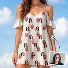 Woman wearing Women's Raspberry Rhapsody Custom Face Off-Shoulder Dress — custom faces printed all-over