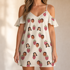 Model wearing Women's Raspberry Rhapsody Custom Face Off-Shoulder Dress printed with kids' faces