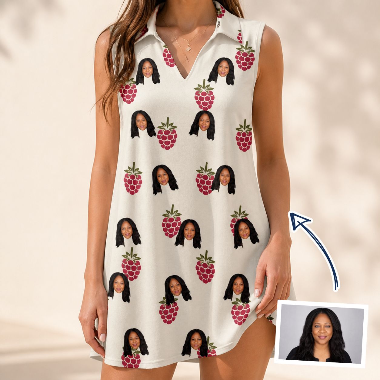 Woman wearing Women's Raspberry Rhapsody Custom Face V-Neck Dress — custom faces printed all-over