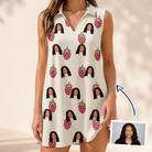Woman wearing Women's Raspberry Rhapsody Custom Face V-Neck Dress — custom faces printed all-over