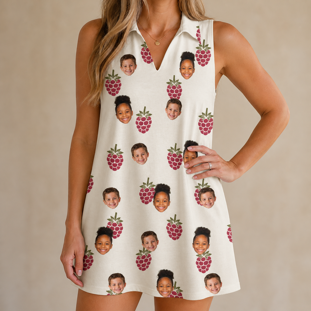 Model wearing Women's Raspberry Rhapsody Custom Face V-Neck Dress printed with kids' faces