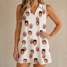 Model wearing Women's Raspberry Rhapsody Custom Face V-Neck Dress printed with kids' faces