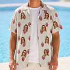 Man wearing Men's Raspberry Rhapsody Custom Face Hawaiian Shirt open over a white tee
