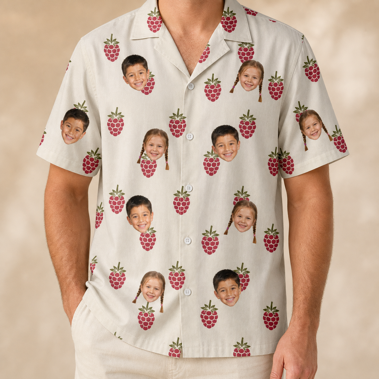 Model wearing Men's Raspberry Rhapsody Custom Face Hawaiian Shirt printed with kids' faces
