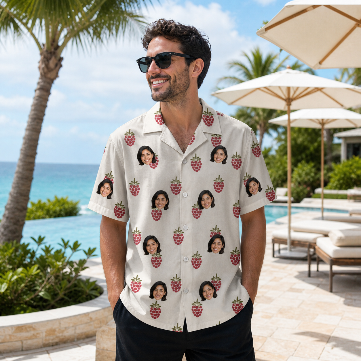Real-life photo of someone wearing Men's Raspberry Rhapsody Custom Face Hawaiian Shirt — custom faces printed all-over