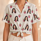 Woman wearing Women's Raspberry Rhapsody Custom Face Hawaiian Shirt tied at the waist