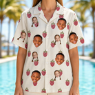 Model wearing Women's Raspberry Rhapsody Custom Face Hawaiian Shirt printed with kids' faces