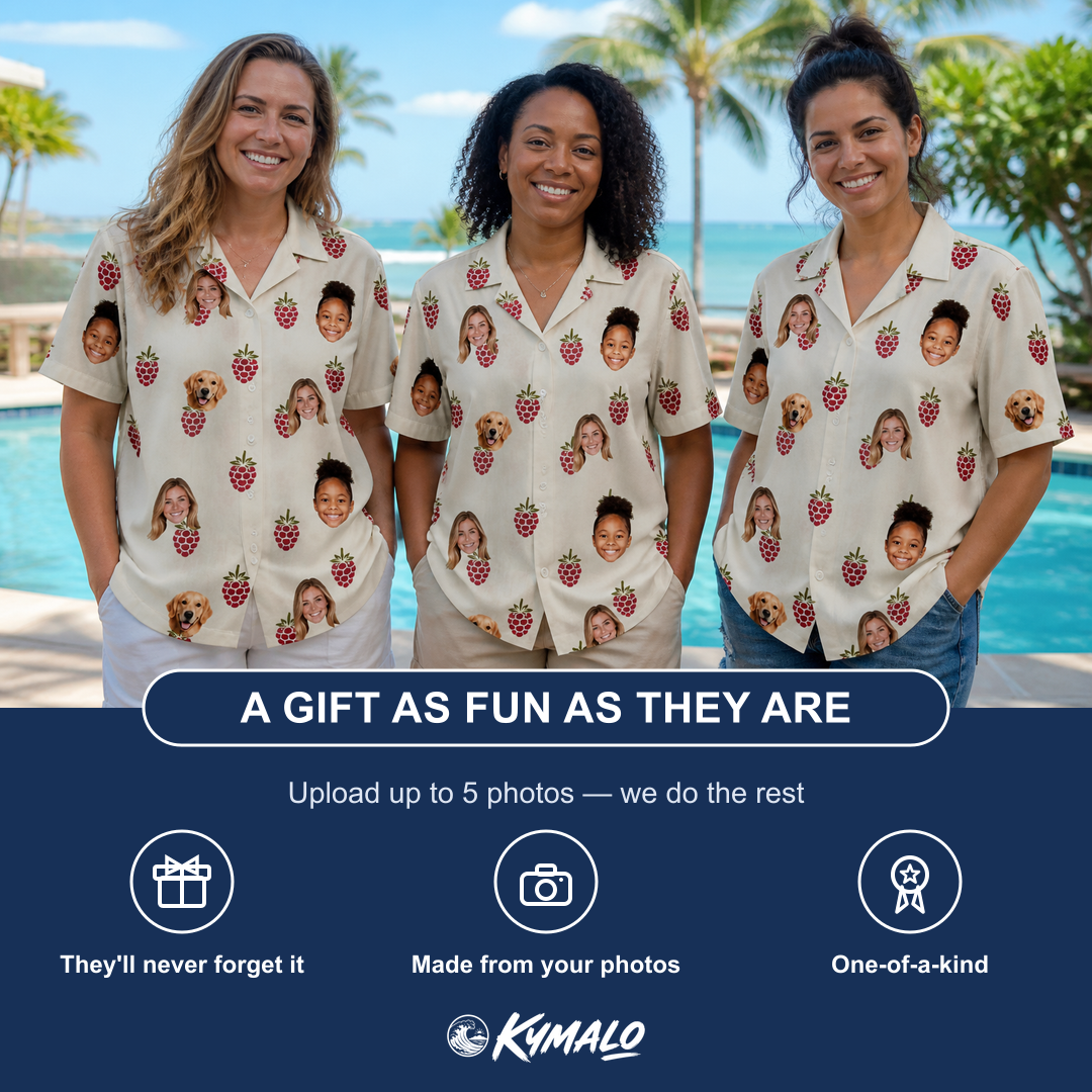 Friends in matching Women's Raspberry Rhapsody Custom Face Hawaiian Shirt — a group gift photo