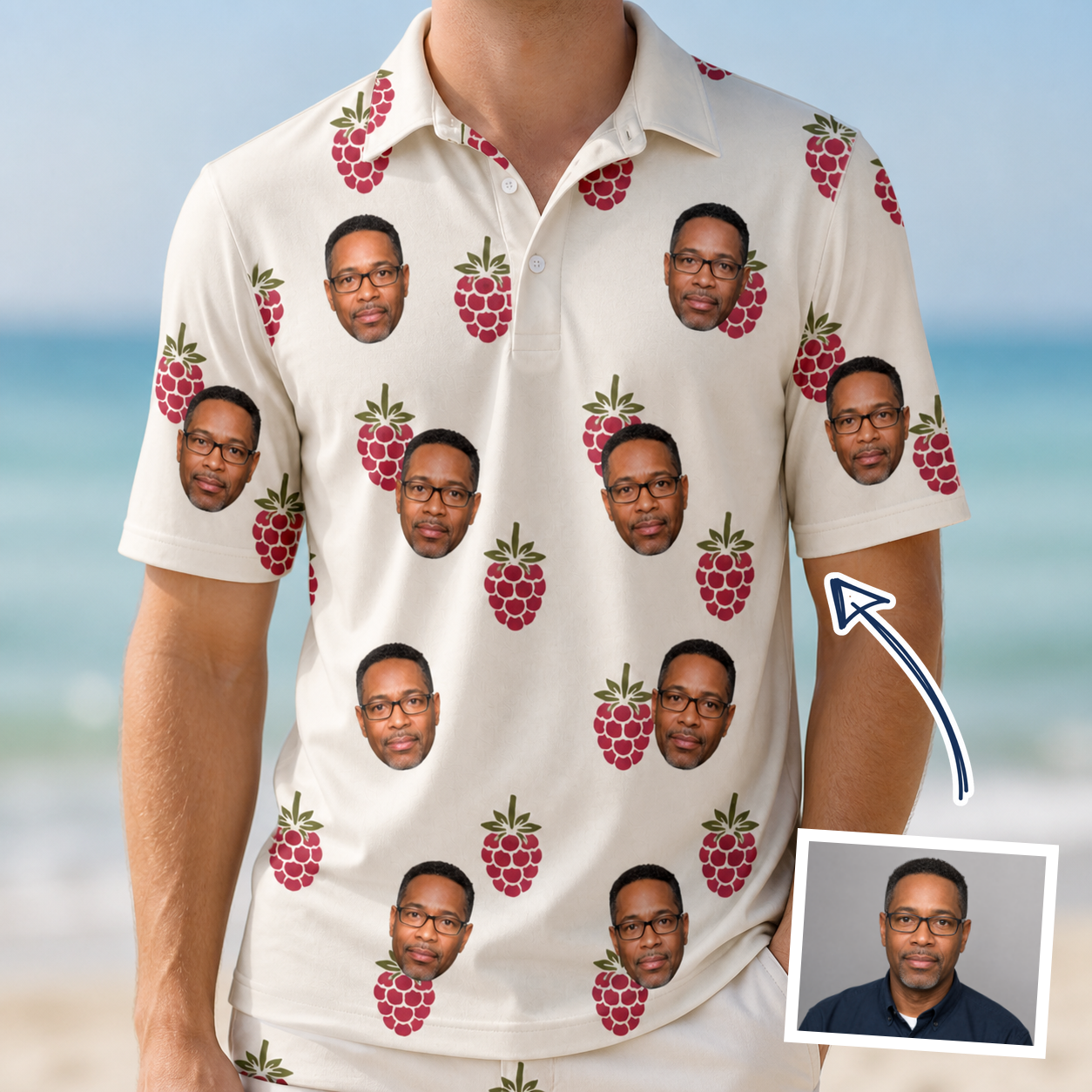 Man wearing Men's Raspberry Rhapsody Custom Face Polo Shirt — custom faces printed all-over