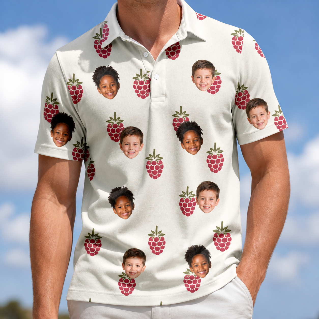 Model wearing Men's Raspberry Rhapsody Custom Face Polo Shirt printed with kids' faces