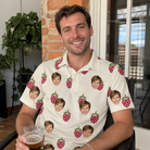 Real-life photo of someone wearing Men's Raspberry Rhapsody Custom Face Polo Shirt — custom faces printed all-over