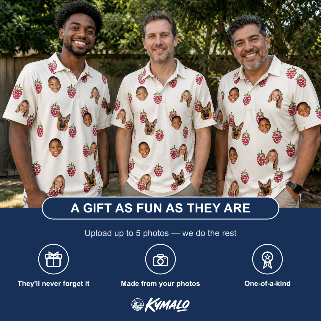 Friends in matching Men's Raspberry Rhapsody Custom Face Polo Shirt — a group gift photo