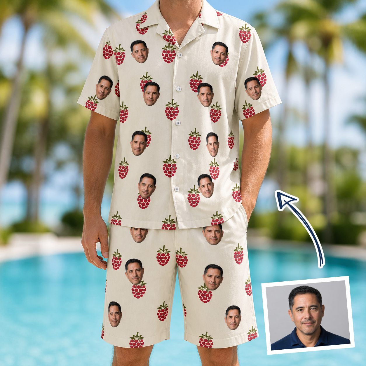 Man wearing Men's Raspberry Rhapsody Custom Face Shirt & Shorts Set — custom faces printed all-over