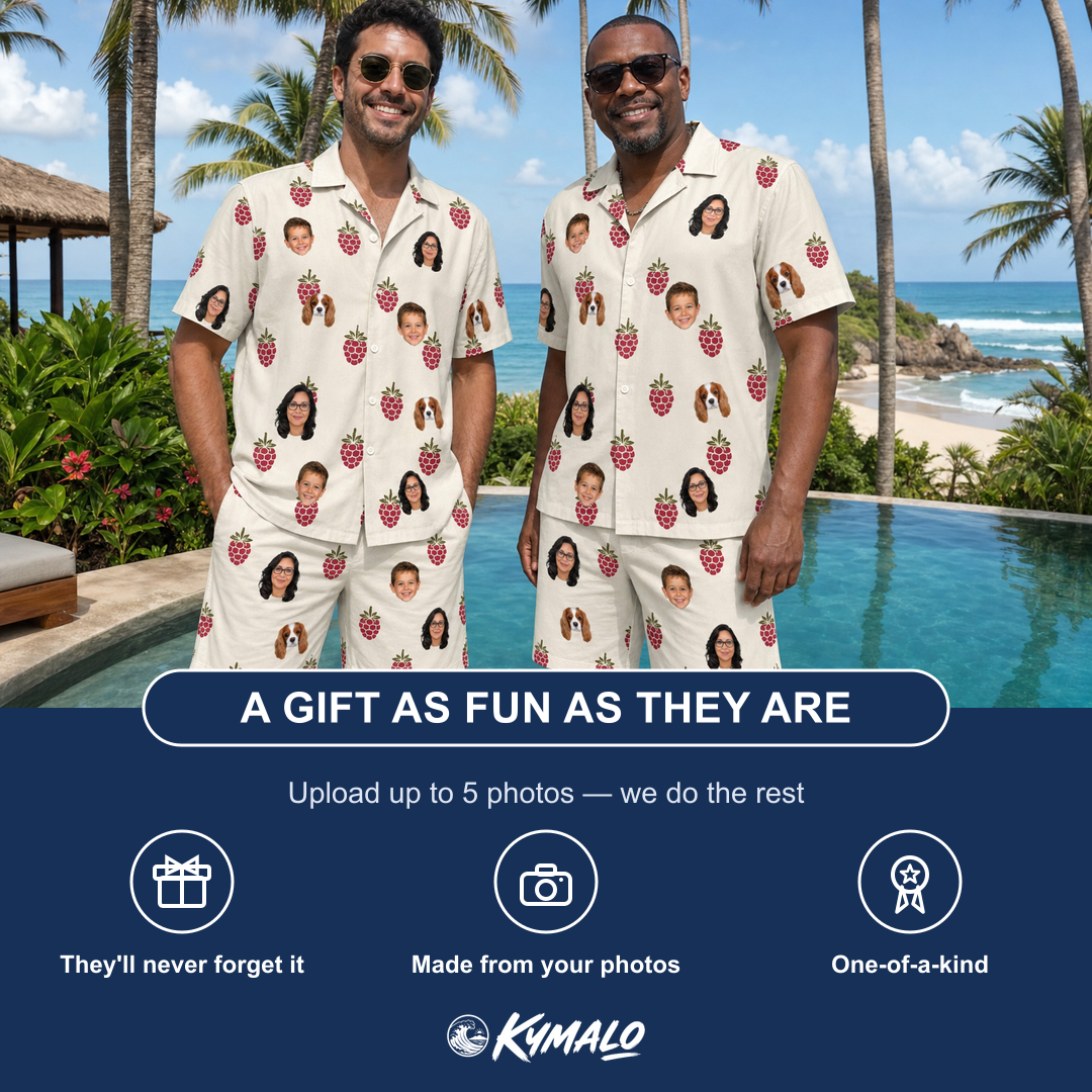 Friends in matching Men's Raspberry Rhapsody Custom Face Shirt & Shorts Set — a group gift photo