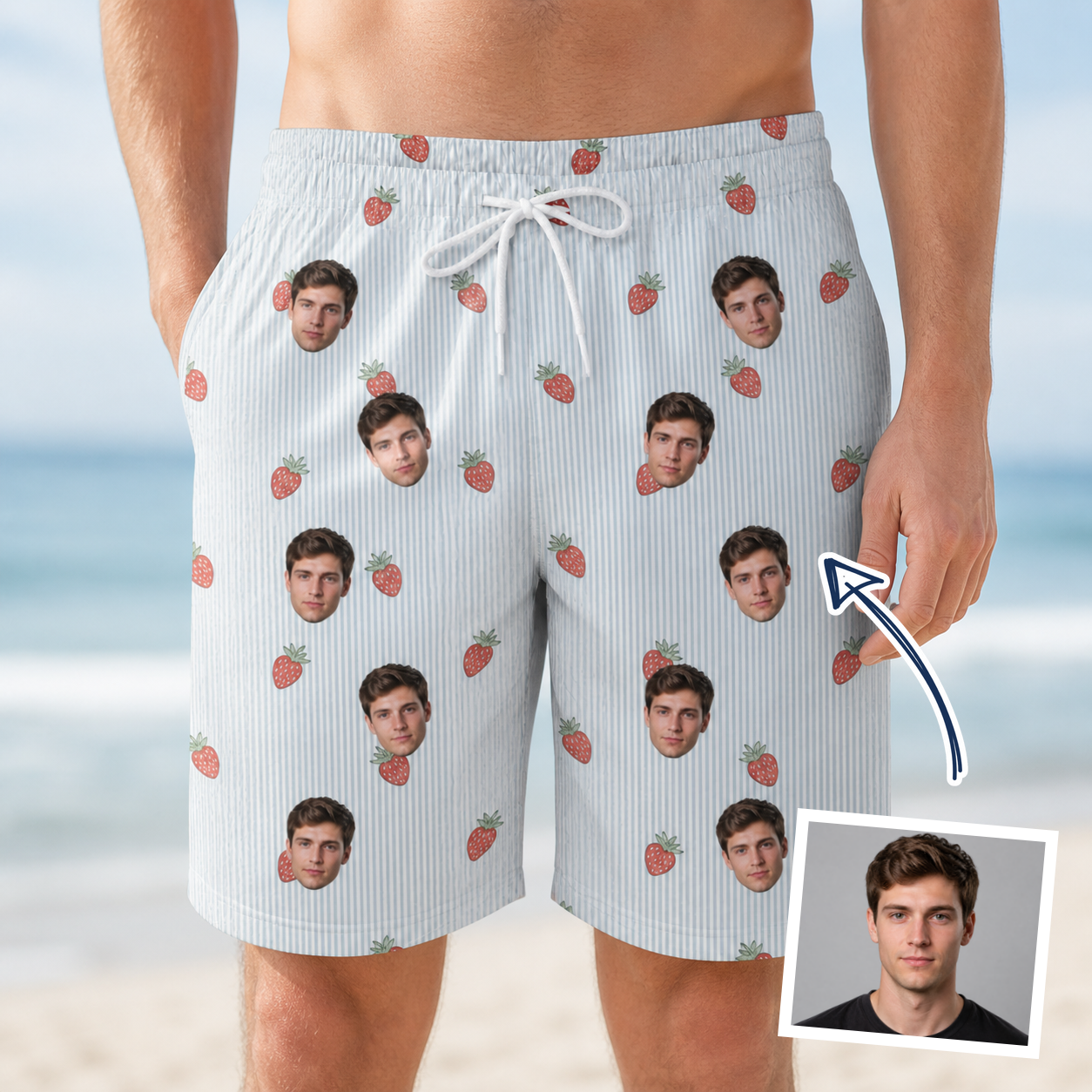 Man wearing Men's Berry Merry Custom Face Beach Shorts — custom faces printed all-over