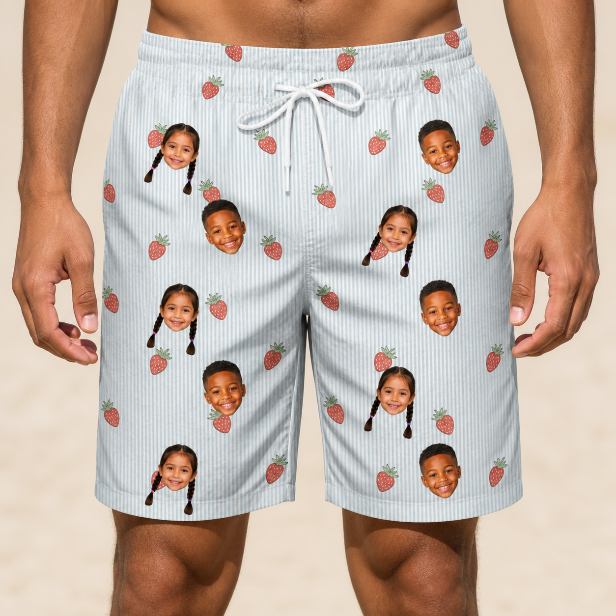 Model wearing Men's Berry Merry Custom Face Beach Shorts printed with kids' faces