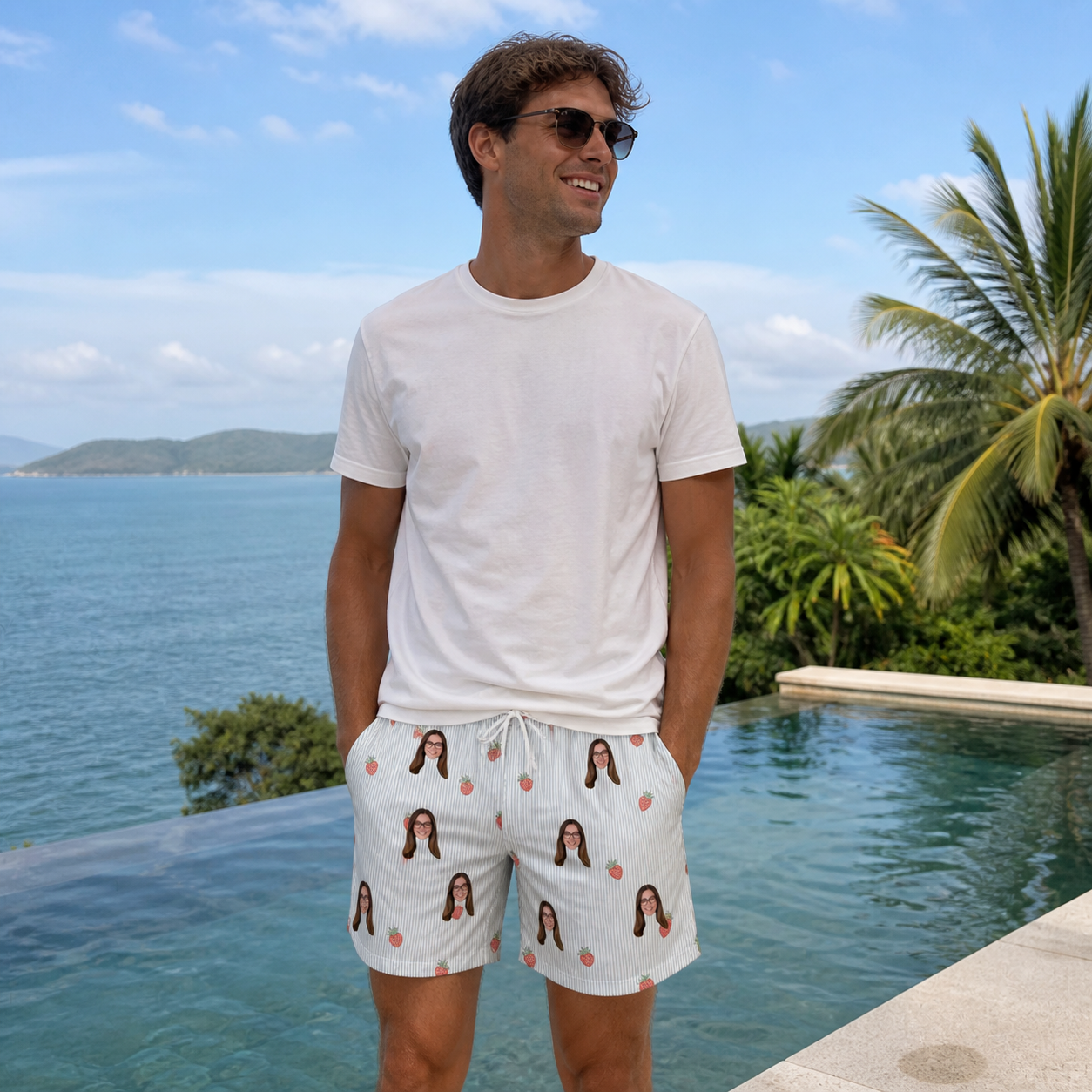 Real-life photo of someone wearing Men's Berry Merry Custom Face Beach Shorts — custom faces printed all-over