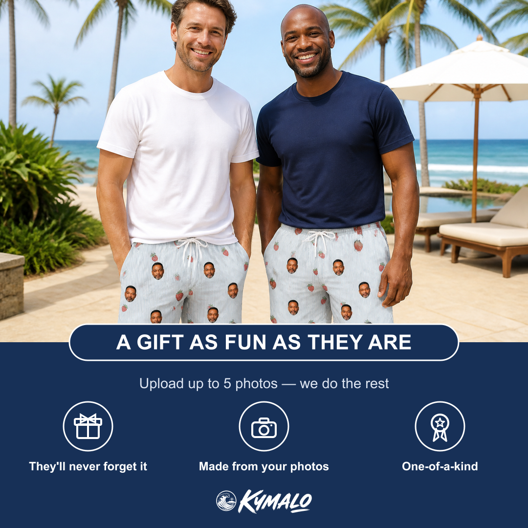 Friends in matching Men's Berry Merry Custom Face Beach Shorts — a group gift photo