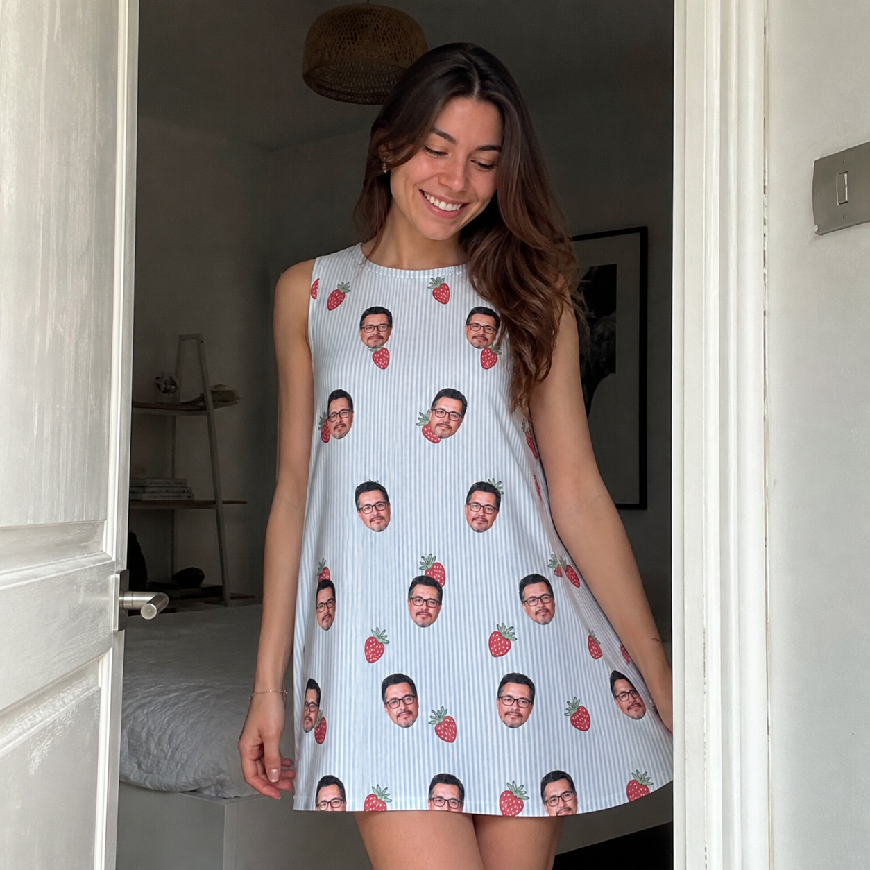 Real-life photo of someone wearing Women's Berry Merry Custom Face Tank Dress — custom faces printed all-over