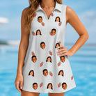 Model wearing Women's Berry Merry Custom Face V-Neck Dress printed with kids' faces