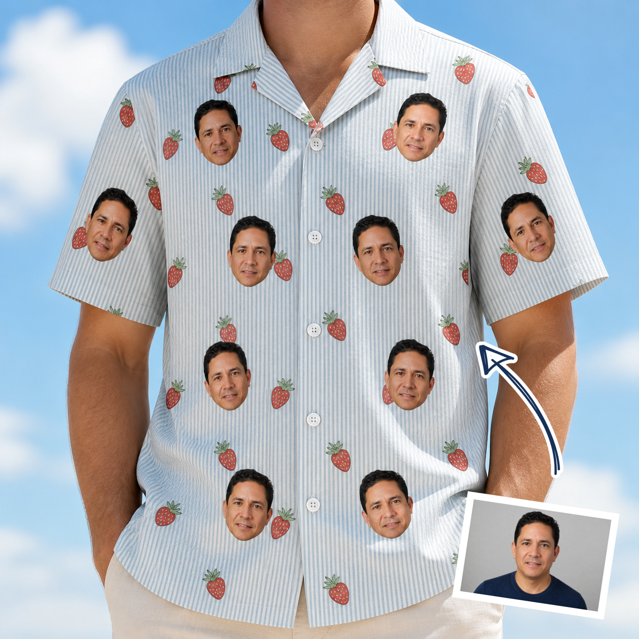 Man wearing Men's Berry Merry Custom Face Hawaiian Shirt — custom faces printed all-over