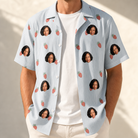 Man wearing Men's Berry Merry Custom Face Hawaiian Shirt open over a white tee