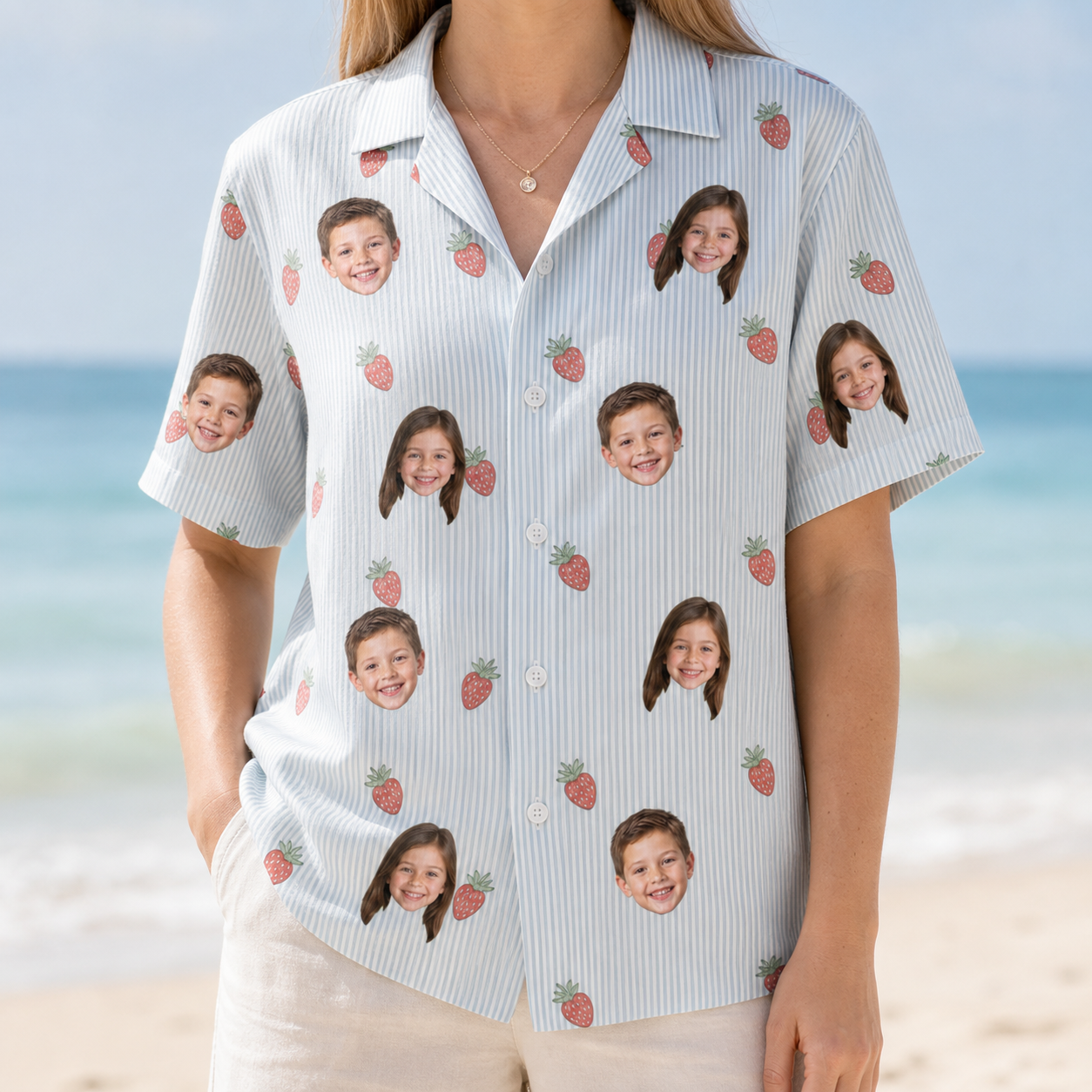 Model wearing Women's Berry Merry Custom Face Hawaiian Shirt printed with kids' faces