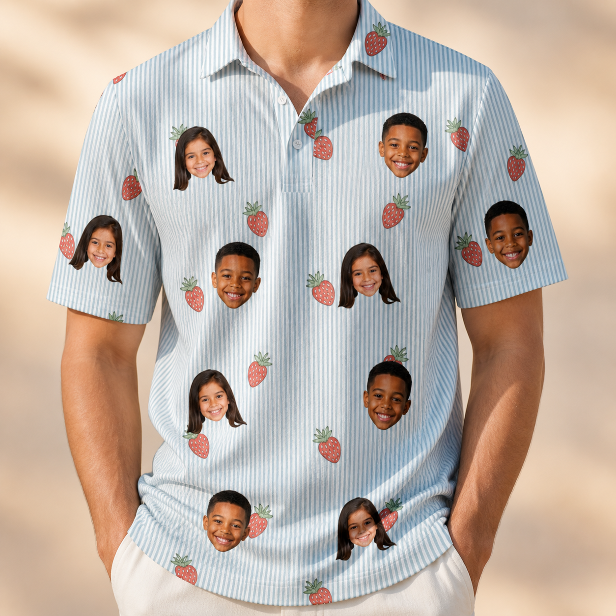 Model wearing Men's Berry Merry Custom Face Polo Shirt printed with kids' faces