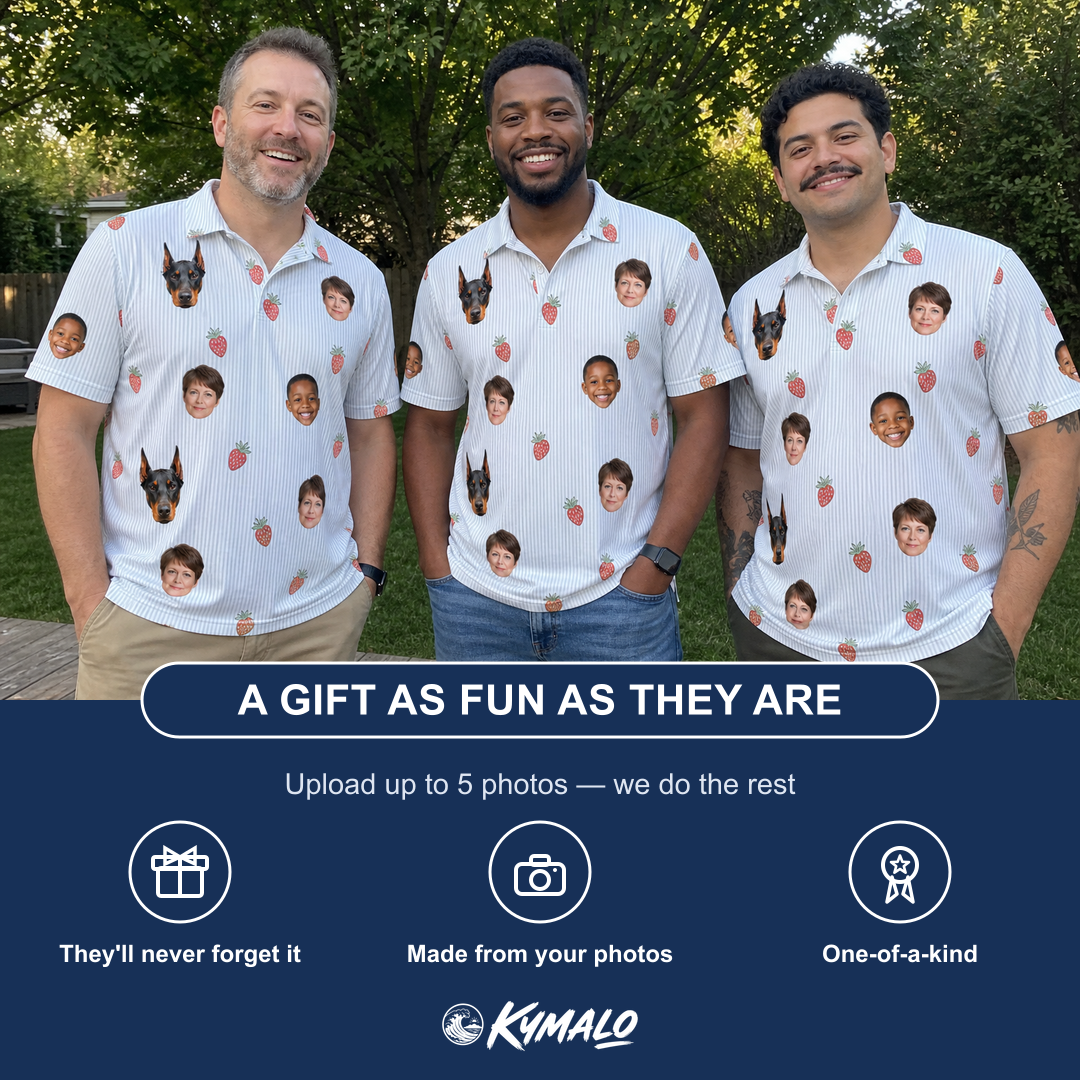 Friends in matching Men's Berry Merry Custom Face Polo Shirt — a group gift photo