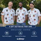 Friends in matching Men's Berry Merry Custom Face Polo Shirt — a group gift photo
