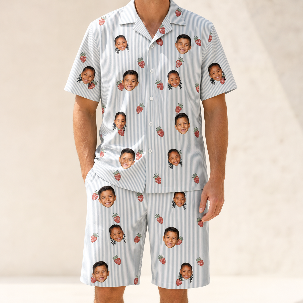 Model wearing Men's Berry Merry Custom Face Shirt & Shorts Set printed with kids' faces