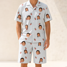 Model wearing Men's Berry Merry Custom Face Shirt & Shorts Set printed with kids' faces