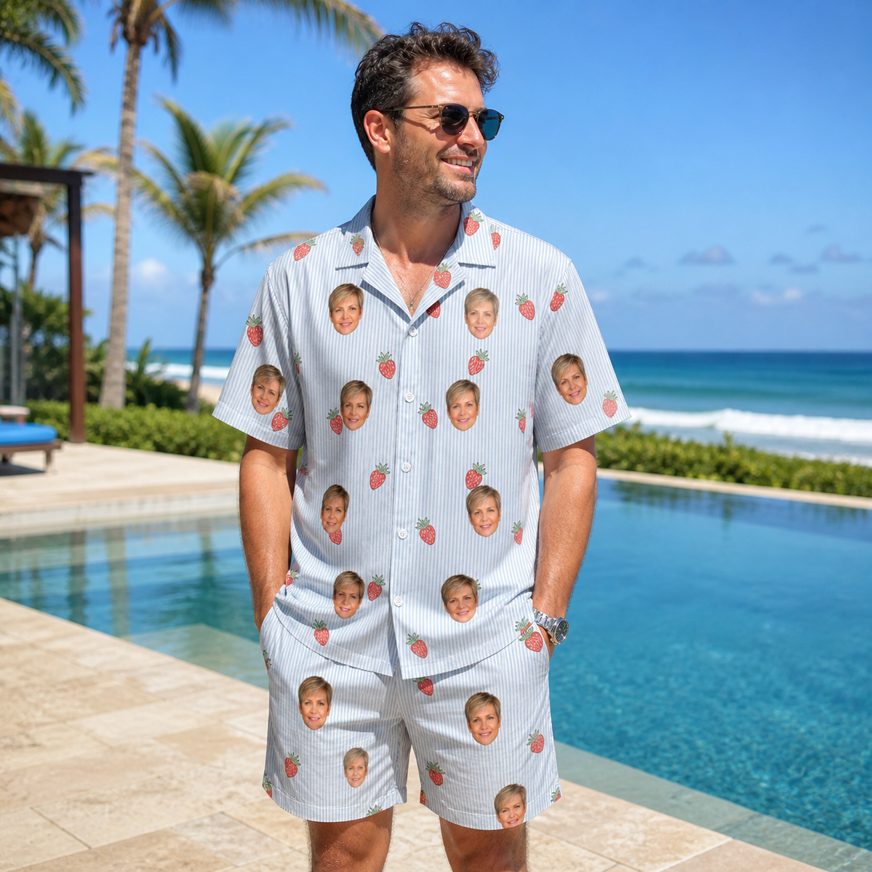 Real-life photo of someone wearing Men's Berry Merry Custom Face Shirt & Shorts Set — custom faces printed all-over