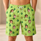 Model wearing Men's Avo Groove Custom Face Beach Shorts printed with kids' faces