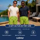 Friends in matching Men's Avo Groove Custom Face Beach Shorts — a group gift photo
