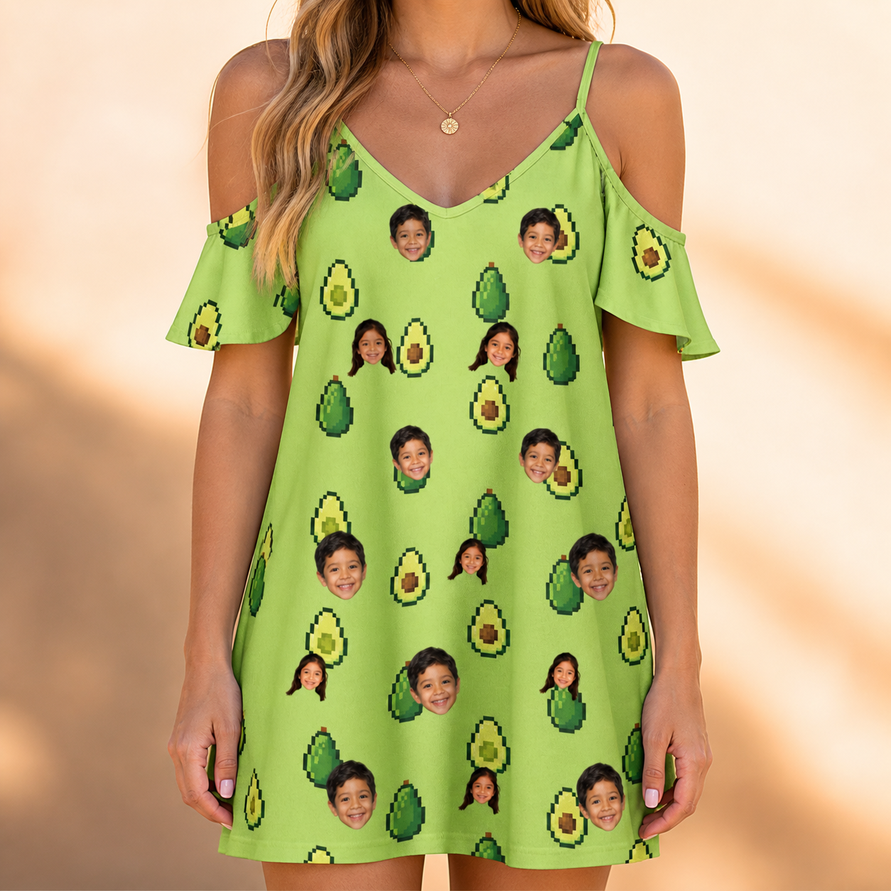Model wearing Women's Avo Groove Custom Face Off-Shoulder Dress printed with kids' faces