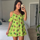 Real-life photo of someone wearing Women's Avo Groove Custom Face Off-Shoulder Dress — custom faces printed all-over