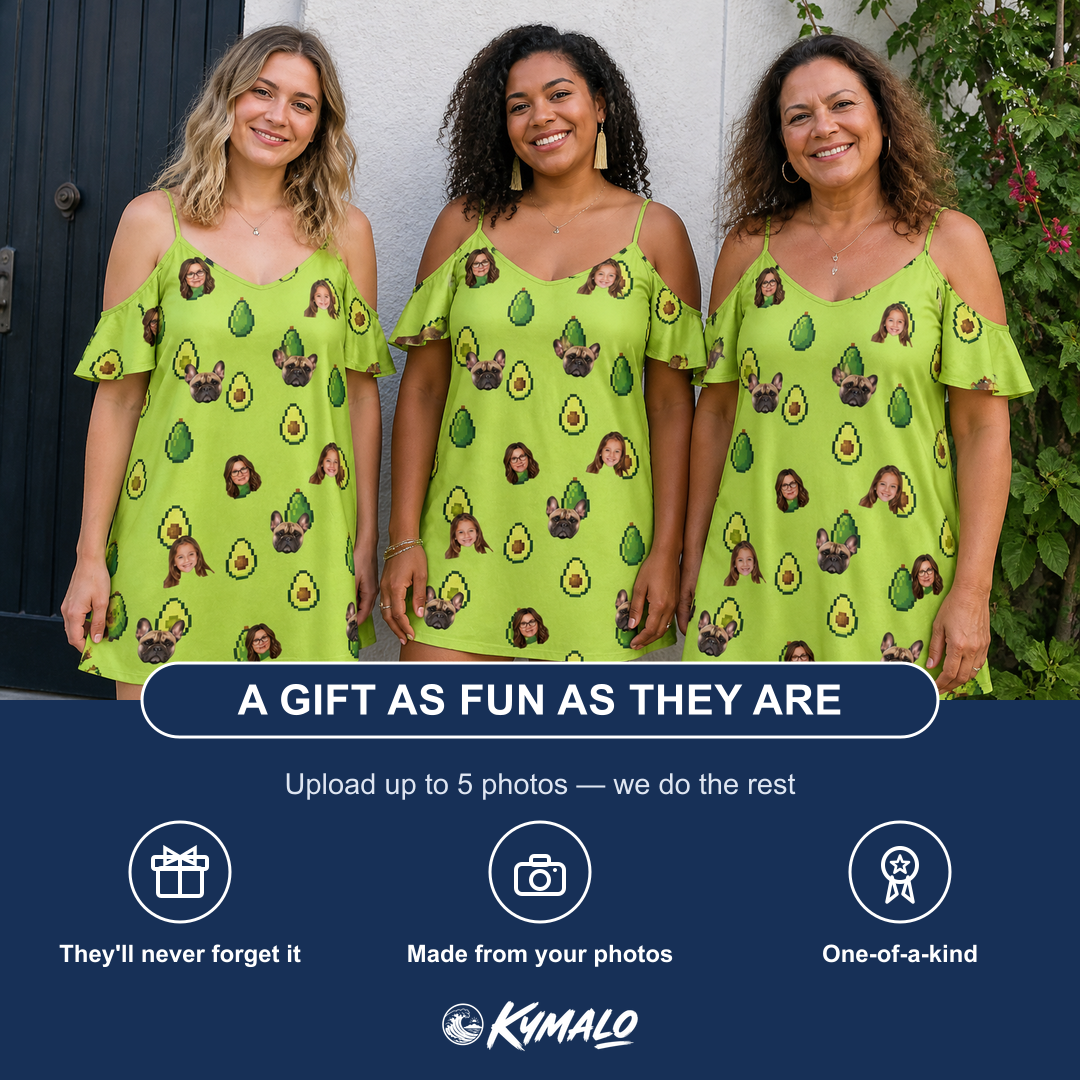 Friends in matching Women's Avo Groove Custom Face Off-Shoulder Dress — a group gift photo