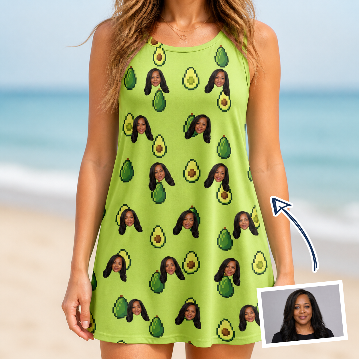 Woman wearing Women's Avo Groove Custom Face Tank Dress — custom faces printed all-over