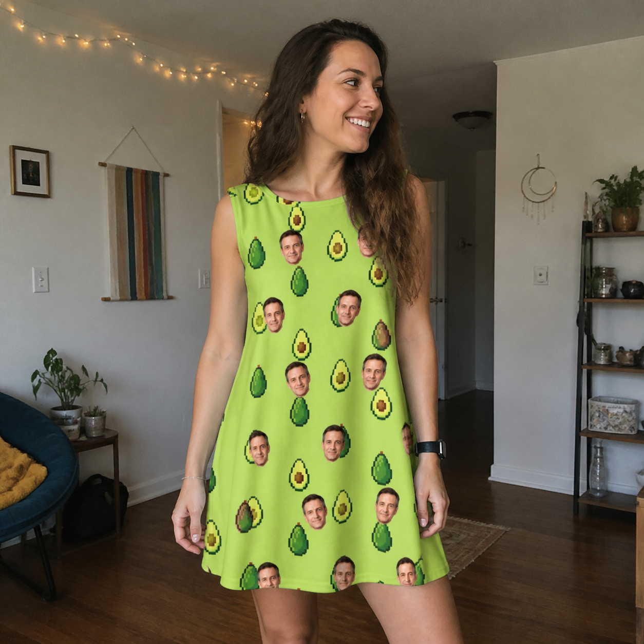 Real-life photo of someone wearing Women's Avo Groove Custom Face Tank Dress — custom faces printed all-over